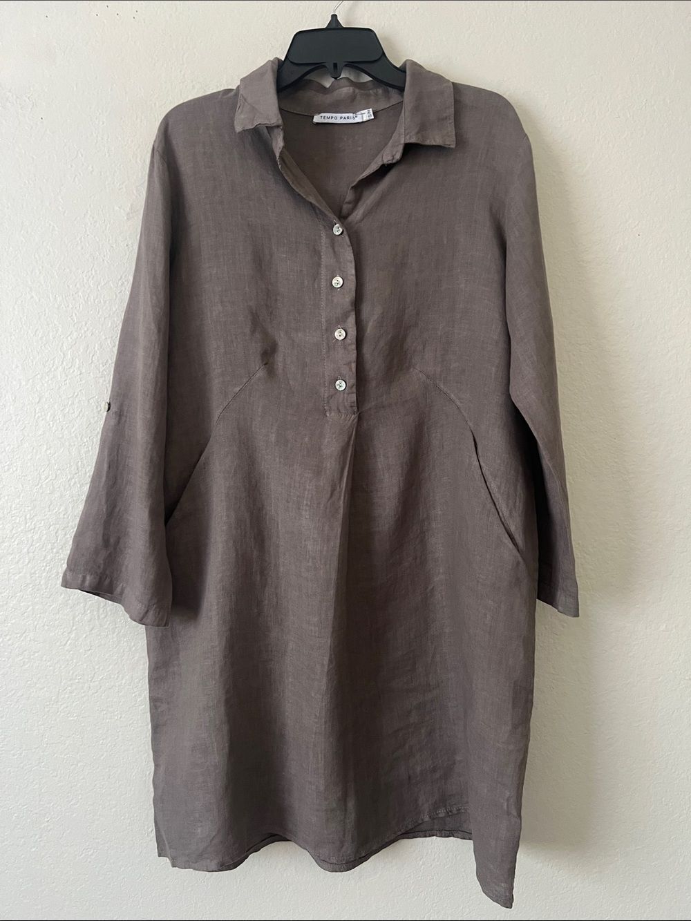 Like New! TEMPO PARIS 100%  Linen Tunic Dress Pockets Brown/Taupe Size S/M